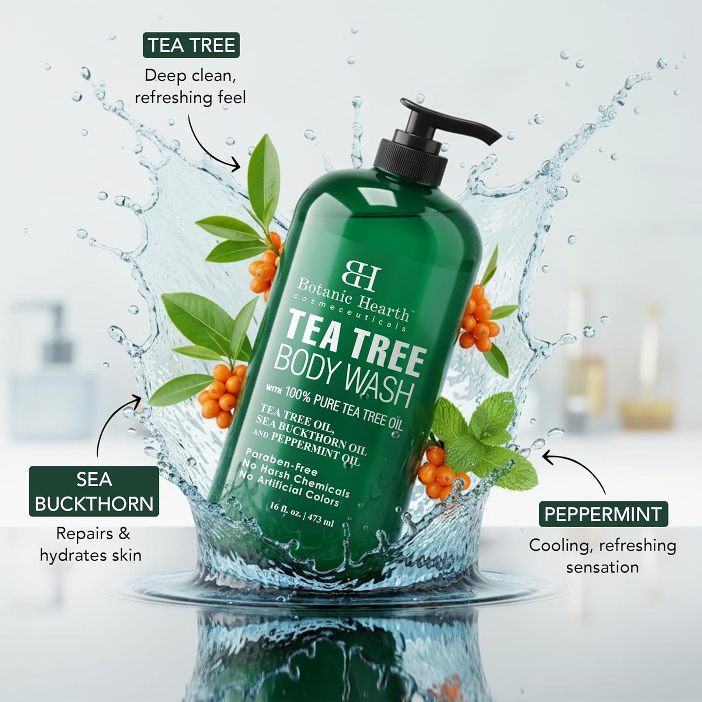 Botanic Hearth Tea Tree Body Wash -16 fl oz- All-Natural Antifungal & Odor-Control Shower Gel for Acne, Athlete? Foot, Ringworm, Jock Itch & Healthy Skin,Sulfate & Paraben Free, for Men and Women