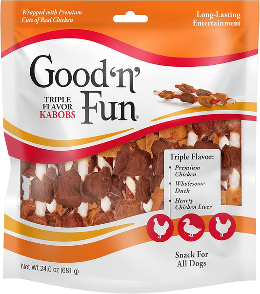Good ??Fun Triple Flavor Kabobs Chews for All Dogs, 24 Ounces, Treat Your Dog to Long-Lasting Chews Made from Beef Hide, Real Chicken, Pork Hide, Duck and Chicken Liver