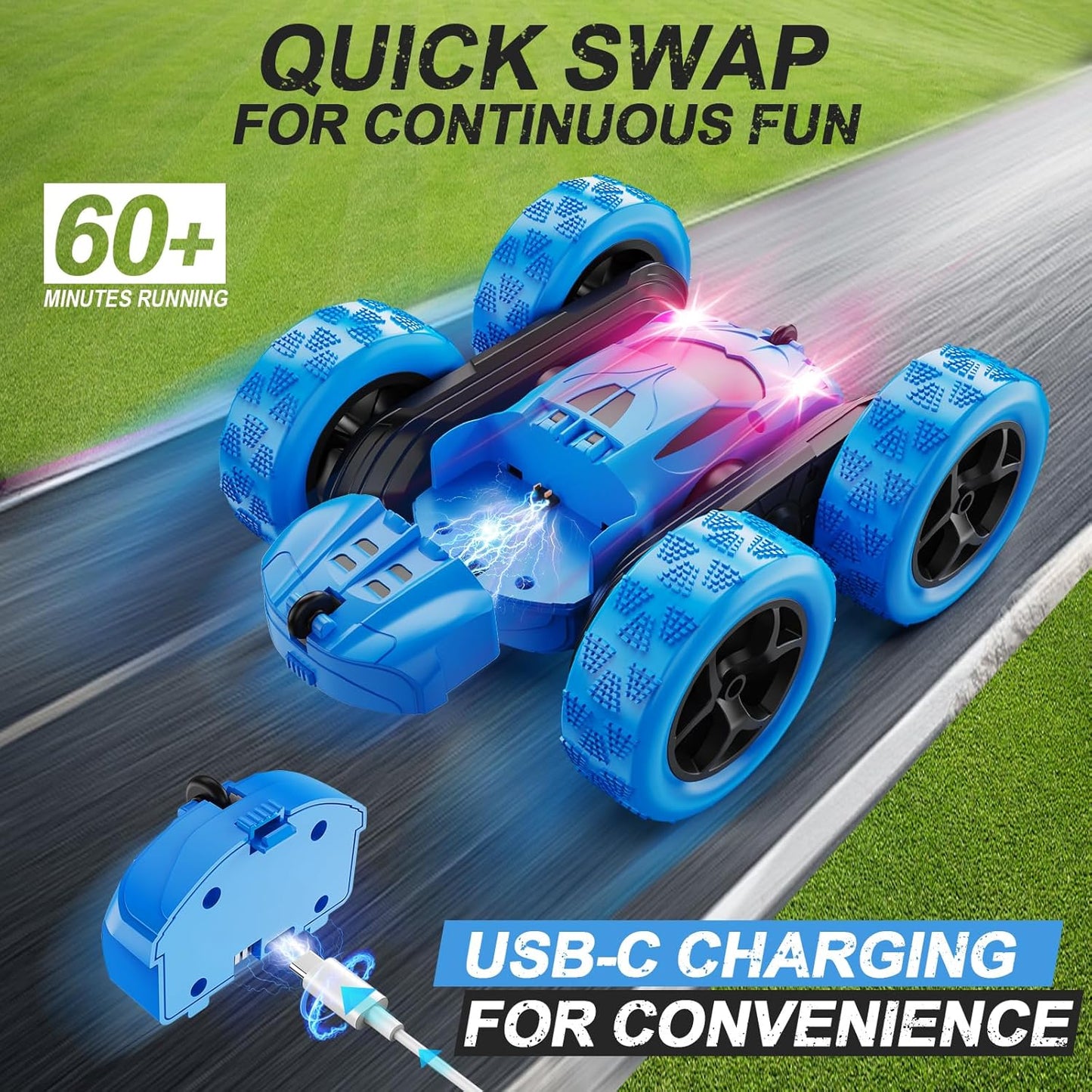 QUNREDA Remote Control Car, RC Cars Toys for Kids Ages 6-12, 4WD Stunt Car with LED Lights & 360?Flips, 2.4GHz, Upgraded USB-C Modular Batteries, 8-10 Year Old Boys Birthday Gift 1-Blue