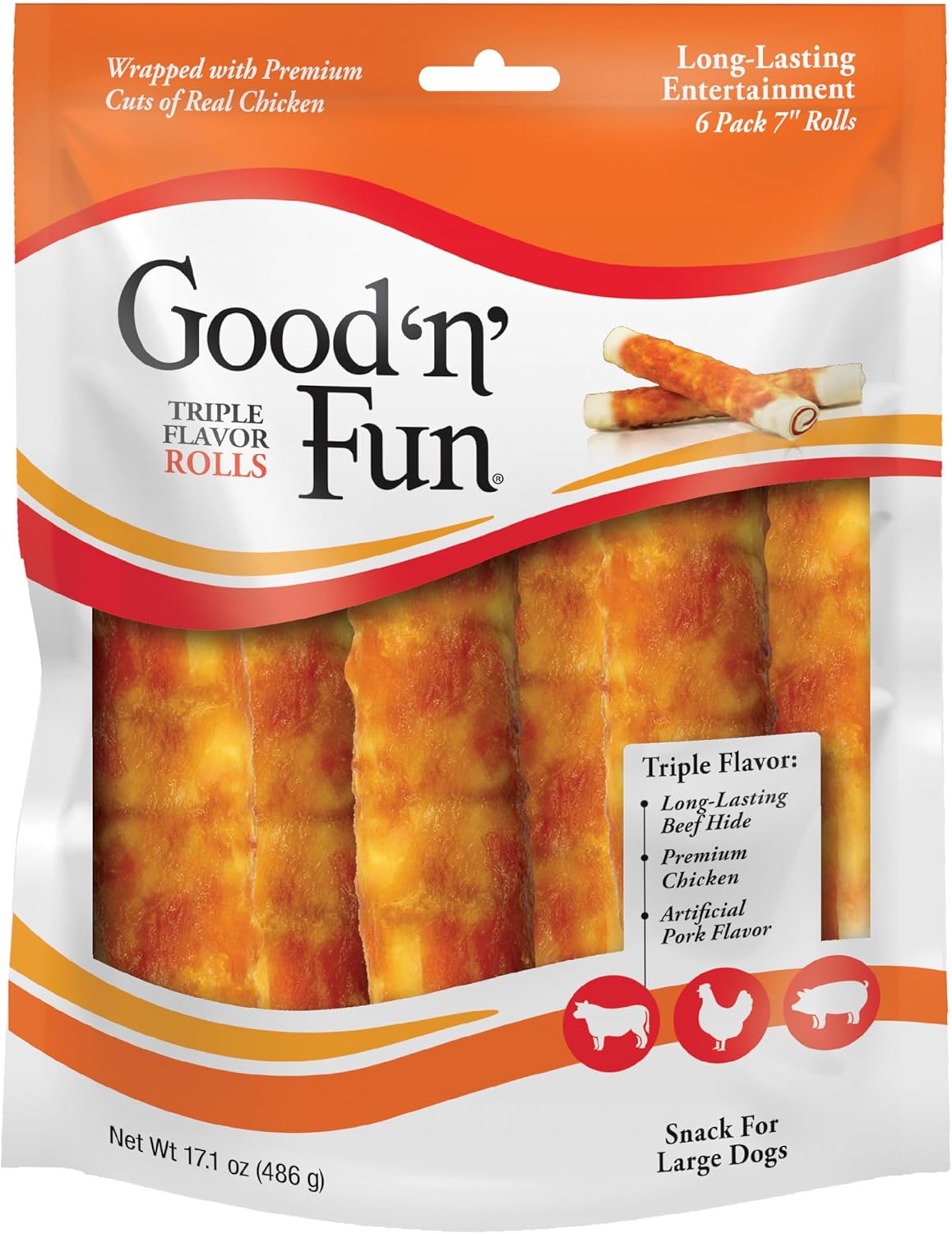 Good ??Fun Triple Flavor Rolls for Large Dogs, Treat Your Dog to Long-Lasting Chews Made with Real Beef Hide and Chicken, 6 Count