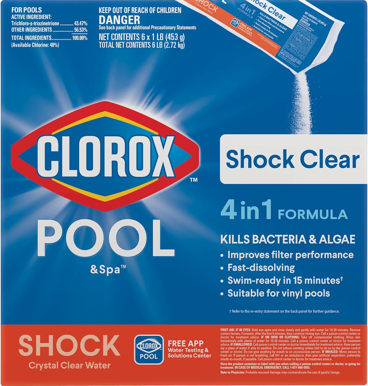 Clorox?Pool&Spa?Shock Clear, for Crystal Clear Swimming Pool Water, Swim-ready in 15 minutes, Suitable for vinyl pools (6-Pack)