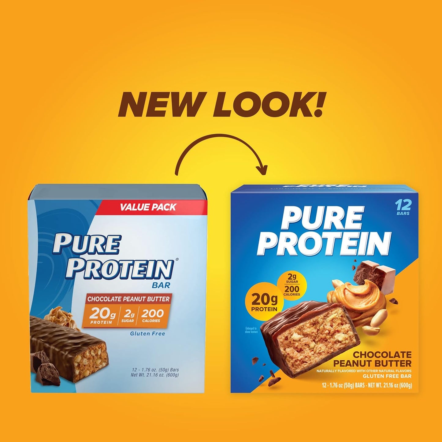 Pure Protein Chocolate Peanut Butter Protein Bars ?20g Protein, 3g Sugar, 190 Calories (12 count) Low Sugar* High Protein Snack - Gluten Free - Perfect for a Healthy Snack