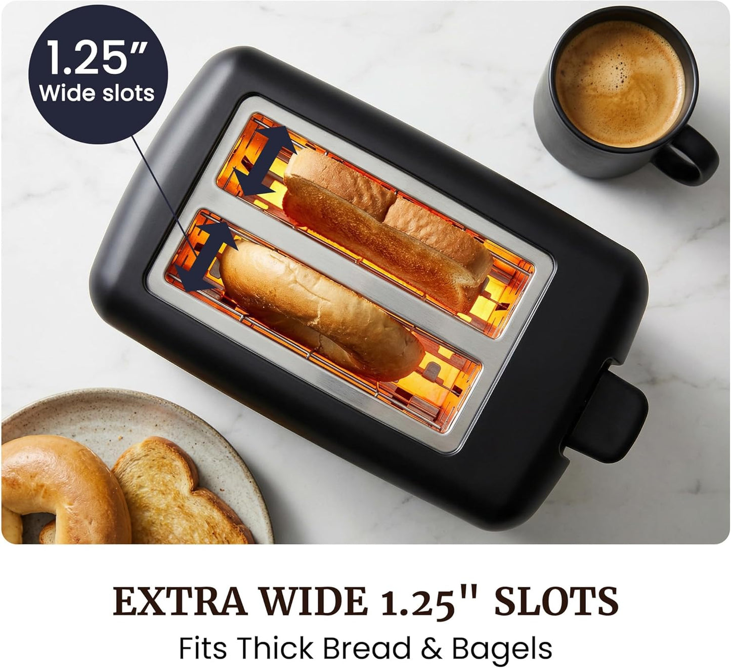 Elite Gourmet 2-Slice Cool Touch Toaster ?6 Browning Levels, Extra Wide 1.25?Slots for Bagels & Thick Bread, Cancel Function, Compact, ETL Certified, Black