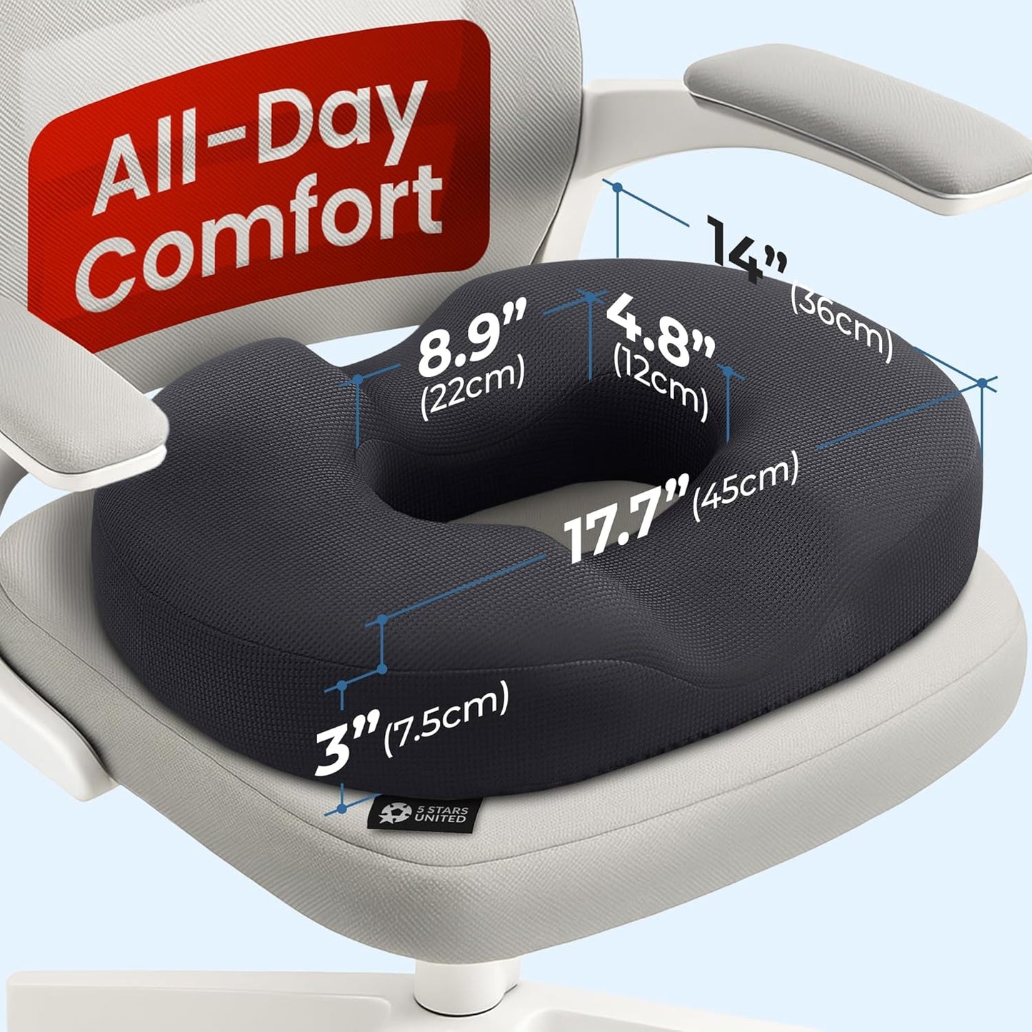 5 STARS UNITED Donut Pillow Hemorrhoid Tailbone Cushion ?Large Cushion for Pain Relief ?Coccyx, Prostate, Sciatica, Pelvic Floor, Pressure Sores, Pregnancy, Postpartum Recovery, Black