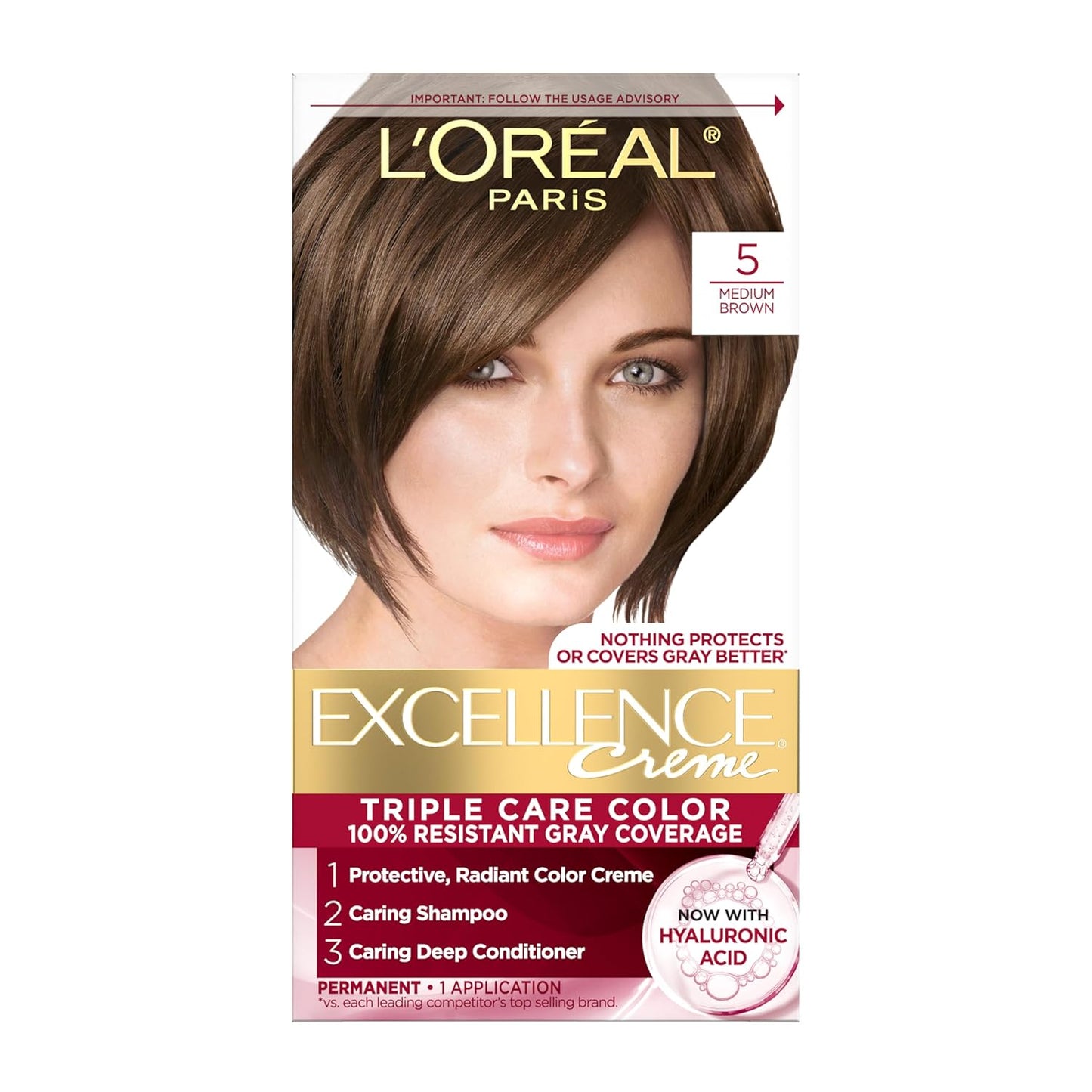 L'Oreal Paris Excellence Cr?e Permanent Hair Dye, Triple Care Hair Color with Hyaluronic Acid for 100% Gray Coverage, 5 Medium Brown, 1 Kit (Packaging May Vary)