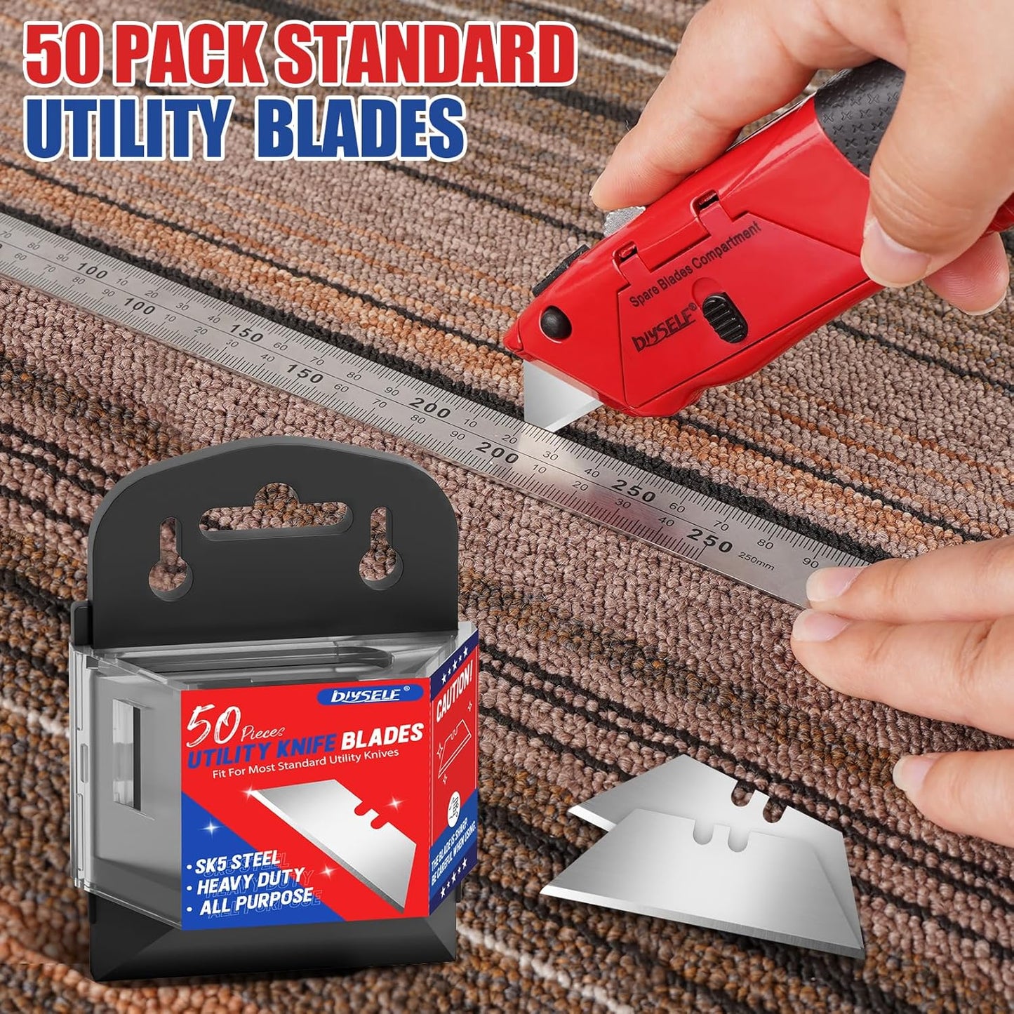 DIYSELF 50 Pack Utility Knife Blades, SK5 Steel Box Cutter Blades with Dispenser, Standard Blades for Box Cutter Utility Knife Replacement, Sharper Utility Blade, Refills
