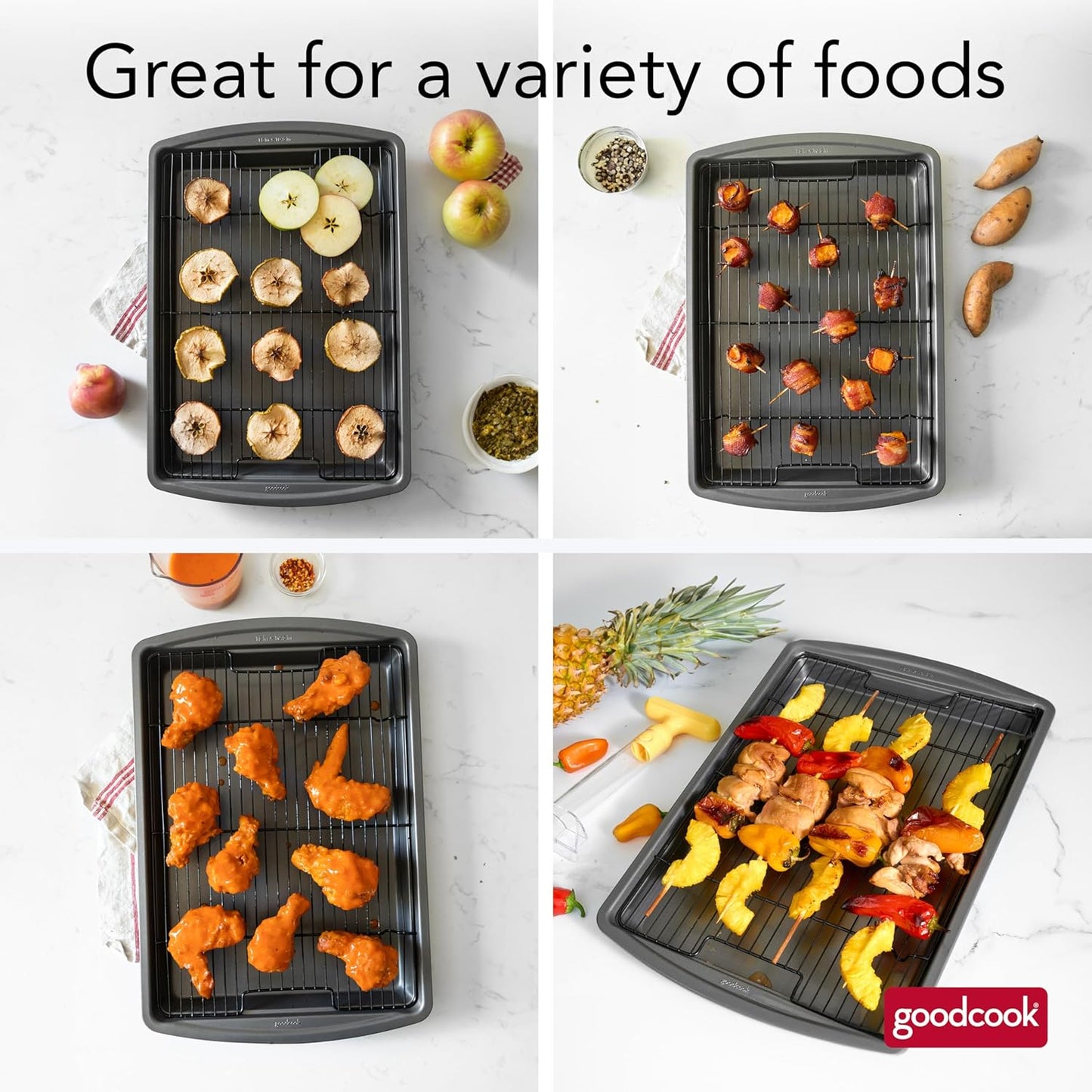 GoodCook 15?x 10.5?Nonstick Carbon Steel Baking Pan & Raised Wire Rack ?Pizza Crisper, Crispy Bacon, Multipurpose Cooking Sheet Pan, Cooling Rack, Kitchen Cookware Set, Dishwasher Safe