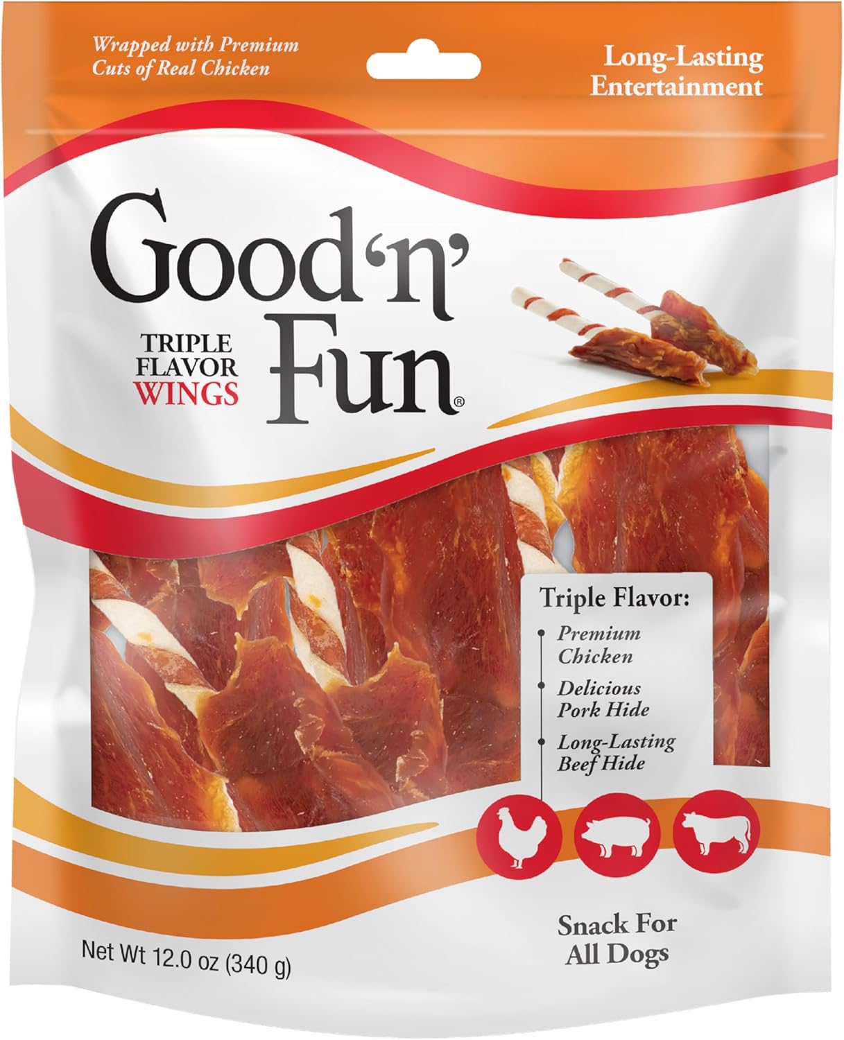 Good ??Fun Triple Flavor Wings Chews for All Dogs, 12 Ounces, Treat Your Dog to Long-Lasting Chews Made from Chicken, Pork Hide and Beef Hide