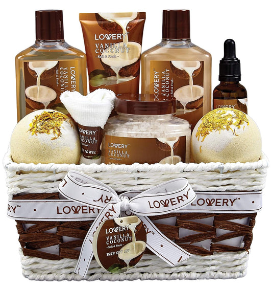 Gifts For Women Gift Basket for Women?9 Piece Set of Vanilla Coconut Home Spa Set, Luxurious Gifts for Her, Bath and Body Sets Includes Fragrant Lotions, Large Bath Bombs, Coconut Oil