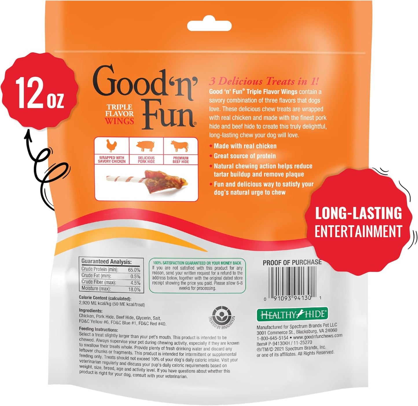 Good ??Fun Triple Flavor Wings Chews for All Dogs, 12 Ounces, Treat Your Dog to Long-Lasting Chews Made from Chicken, Pork Hide and Beef Hide