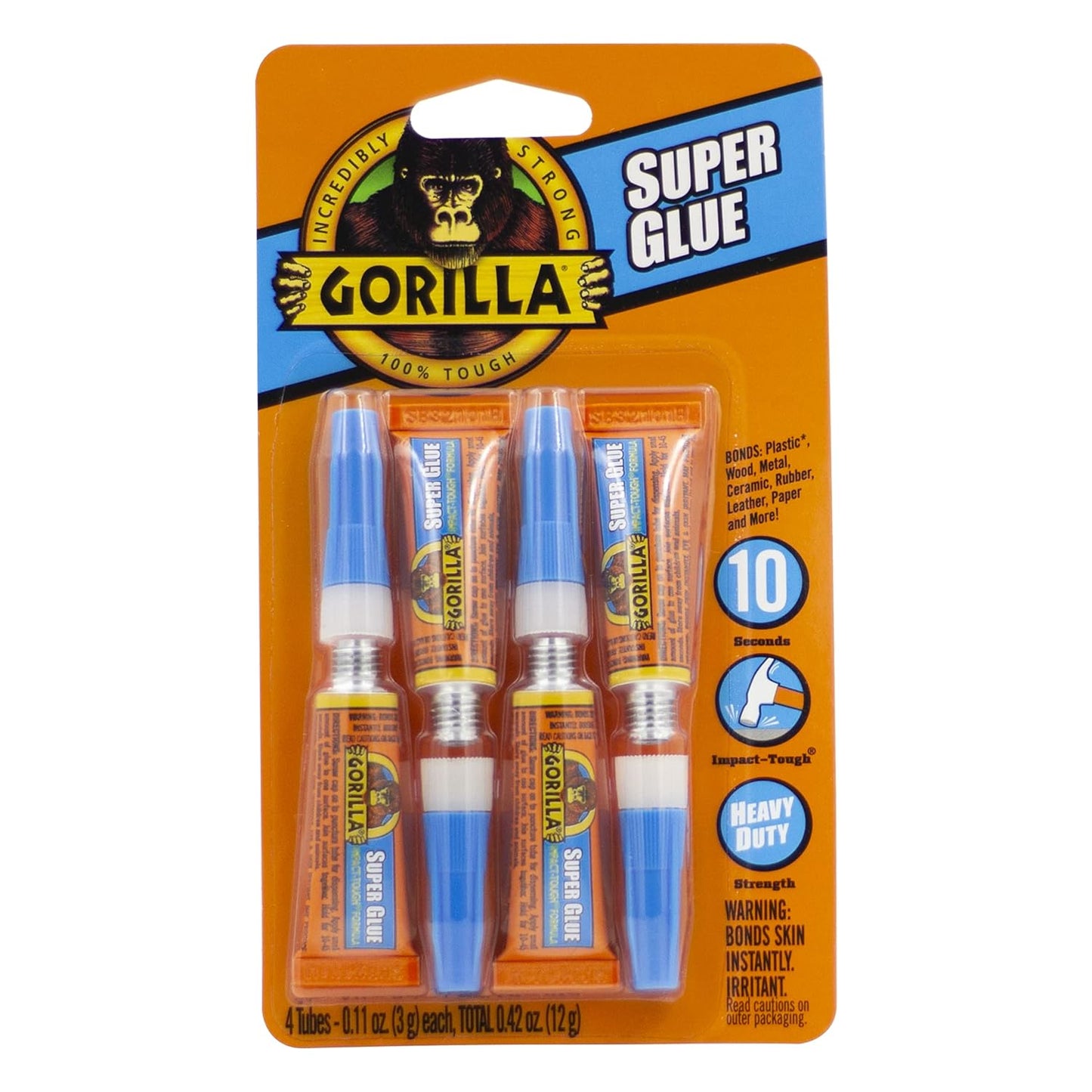 Gorilla Super Glue, Fast-Setting, Impact-Tough All-Purpose Adhesive with Anti-Clog Cap, 4 -3 g Tubes, (Pack of 1) - Clear