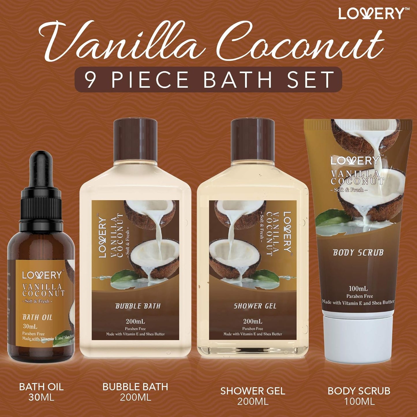 Gifts For Women Gift Basket for Women?9 Piece Set of Vanilla Coconut Home Spa Set, Luxurious Gifts for Her, Bath and Body Sets Includes Fragrant Lotions, Large Bath Bombs, Coconut Oil