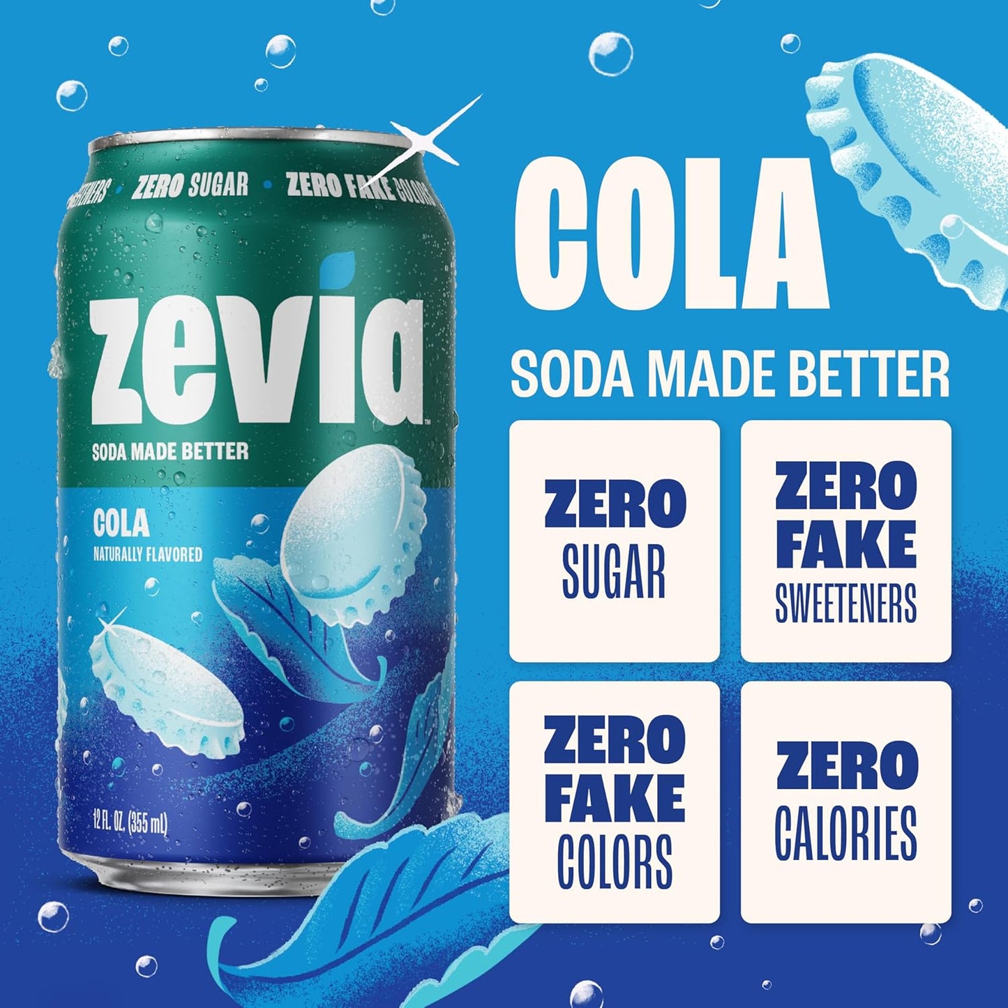 Zevia Zero Sugar Soda, Cola, 12 oz Cans (24-Pack) ?Naturally Sweetened, Zero Calorie Sugar Free Soda - Non-GMO Project Verified, Gluten-Free, Vegan