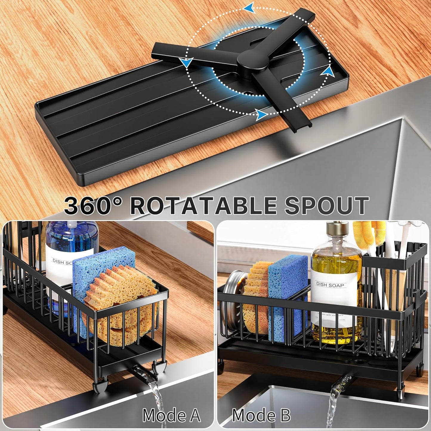 Cisily Sponge Holder for Kitchen Sink, Sink Caddy Organizer with High Brush Holder, Kitchen Countertop Organizers and Storage Essentials, Rustproof 304 Stainless Steel (Black, 9.25)"