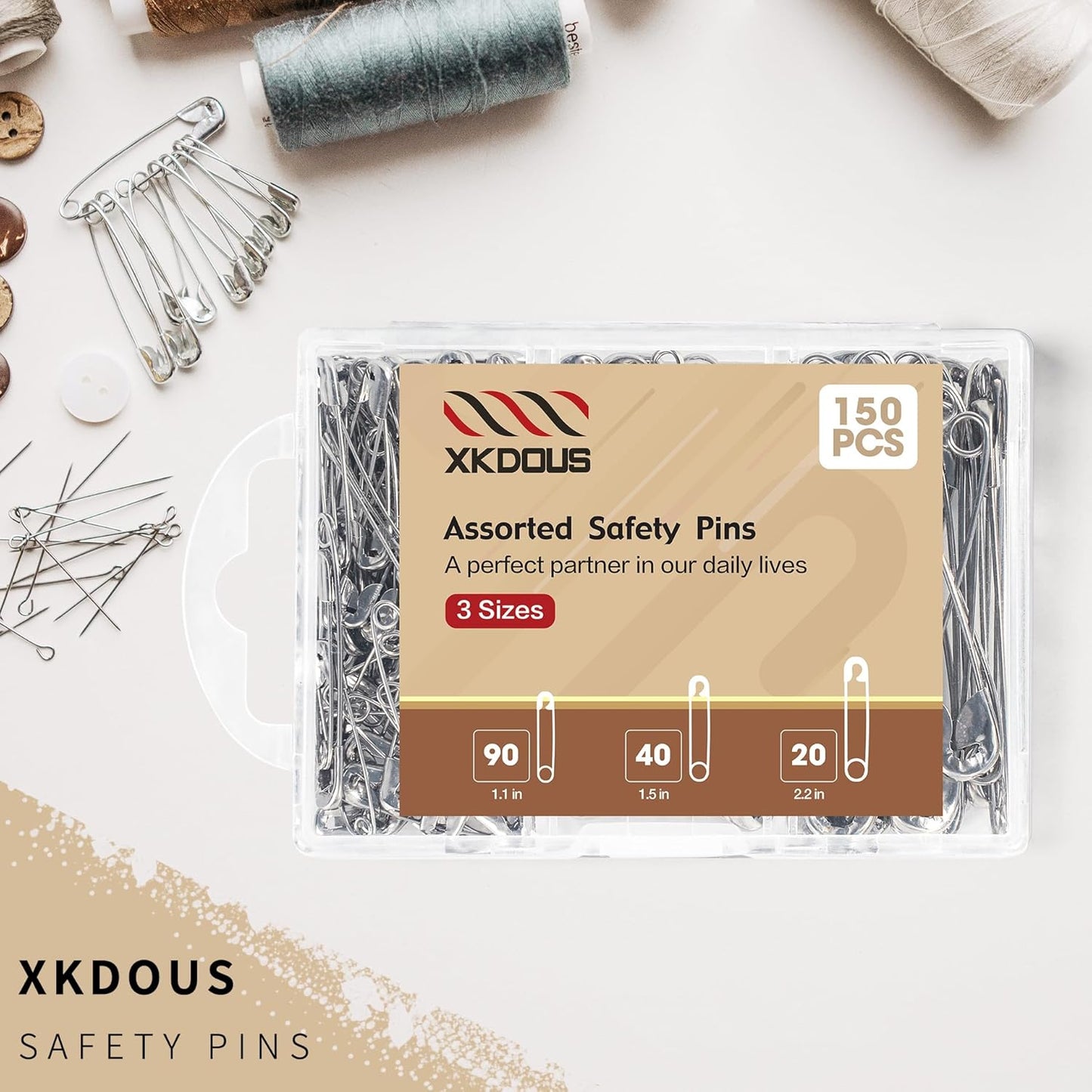 XKDOUS Safety Pins - 150 Pcs Assorted Sizes Silver Pins Bulk - Small & Large Heavy Duty for Clothes, Sewing, Craft