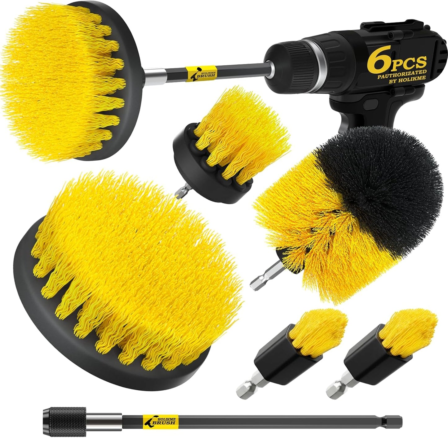 Holikme 6Pack Drill Brush Power Scrubber Cleaning Brush Extended Long Attachment Set All Purpose Drill Scrub Brushes Kit for Grout, Floor, Tub, Bathroom and Kitchen Surface,Scratch Brushes(Yellow)