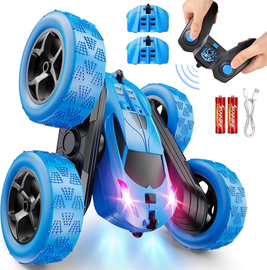 QUNREDA Remote Control Car, RC Cars Toys for Kids Ages 6-12, 4WD Stunt Car with LED Lights & 360?Flips, 2.4GHz, Upgraded USB-C Modular Batteries, 8-10 Year Old Boys Birthday Gift 1-Blue