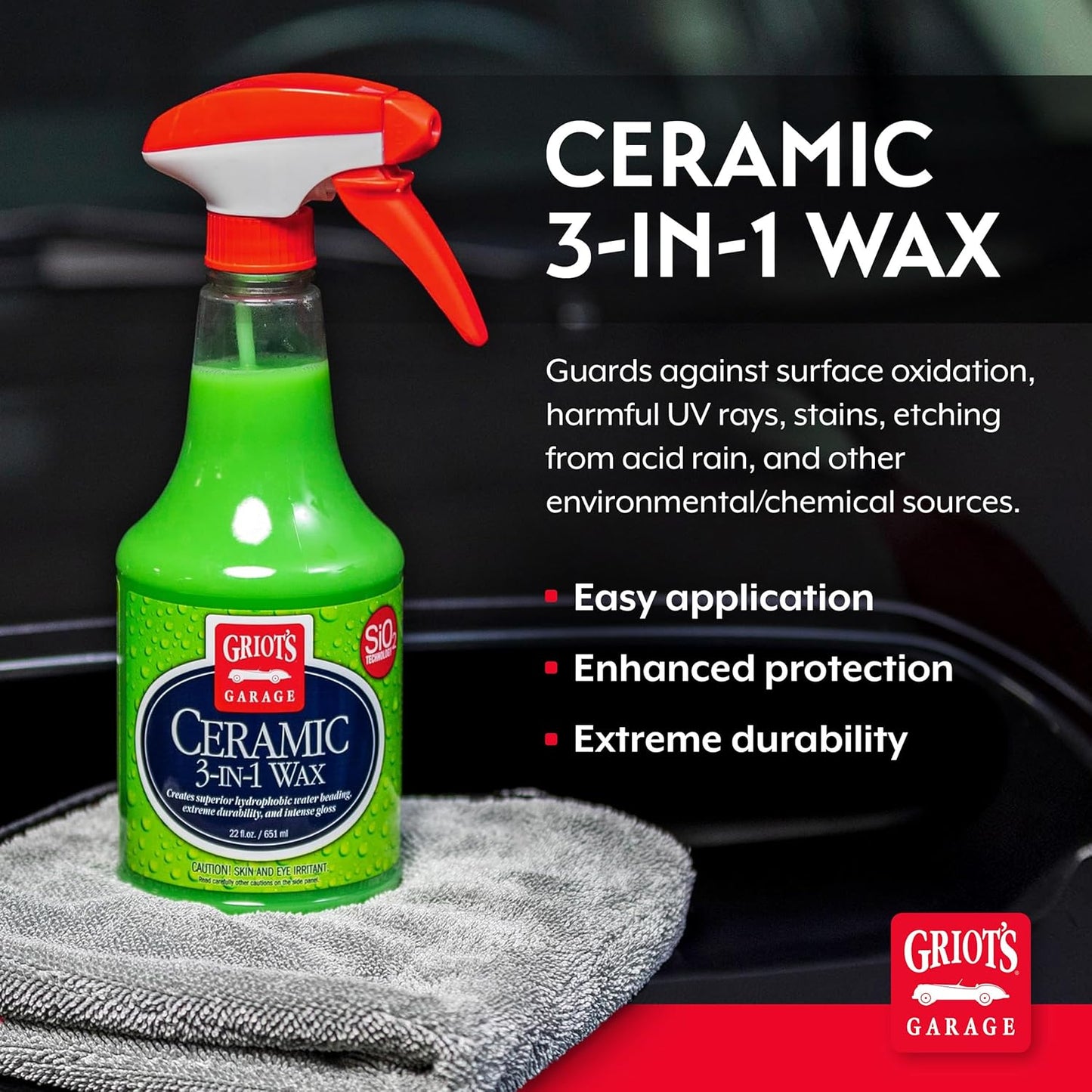 Griot? Garage Ceramic 3-in-1 Wax, SiO2 Spray for Cars, Trucks, and RV?, Provides Protection and Water Beading on Paint, Wheels, Plastic, Rubber Trim, Chrome, and More, 10978, 22 oz