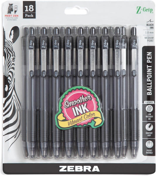 Zebra Pen Z-Grip Retractable Ballpoint Pen, Smooth-Flowing Black Ink, 1.0mm Medium Point, School & Office Supplies, Ideal for Note-Taking, Journal and Planner Use, 18-Pack (22218)