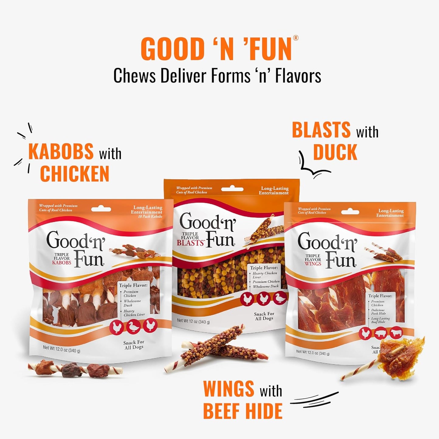 Good ??Fun Triple Flavor Kabobs Chews for All Dogs, 24 Ounces, Treat Your Dog to Long-Lasting Chews Made from Beef Hide, Real Chicken, Pork Hide, Duck and Chicken Liver