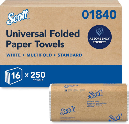 Scott?Professional Universal Multifold Paper Towels, Bulk (01840), Absorbency Pockets, 9.2" x 9.4" sheets, Standard Tier, Compressed, White (250 Sheets/Pack, 16 Packs/Case, 4,000 Sheets/Case)