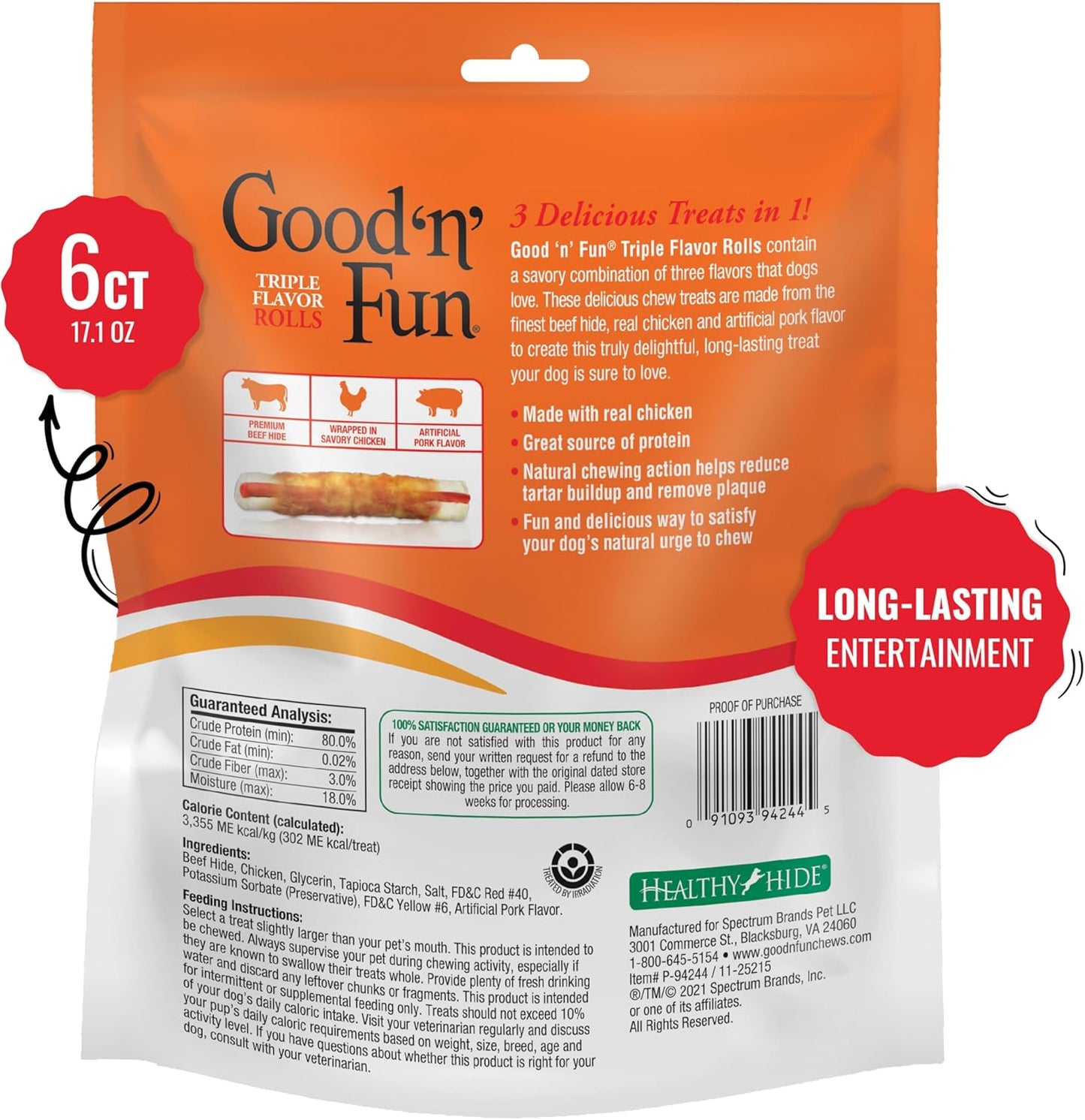Good ??Fun Triple Flavor Rolls for Large Dogs, Treat Your Dog to Long-Lasting Chews Made with Real Beef Hide and Chicken, 6 Count