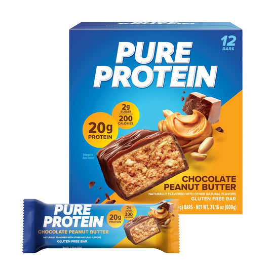 Pure Protein Chocolate Peanut Butter Protein Bars ?20g Protein, 3g Sugar, 190 Calories (12 count) Low Sugar* High Protein Snack - Gluten Free - Perfect for a Healthy Snack