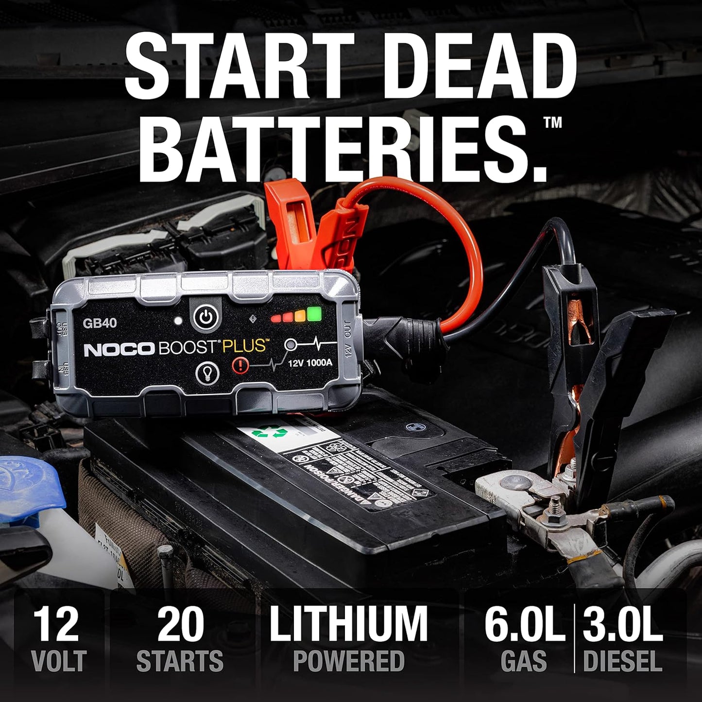 NOCO Boost GB40: 1000A UltraSafe Jump Starter ?12V Lithium Battery Booster Pack, Portable Jump Box, Power Bank & Jumper Cables - for 6.0L Gas and 3.0L Diesel Engines