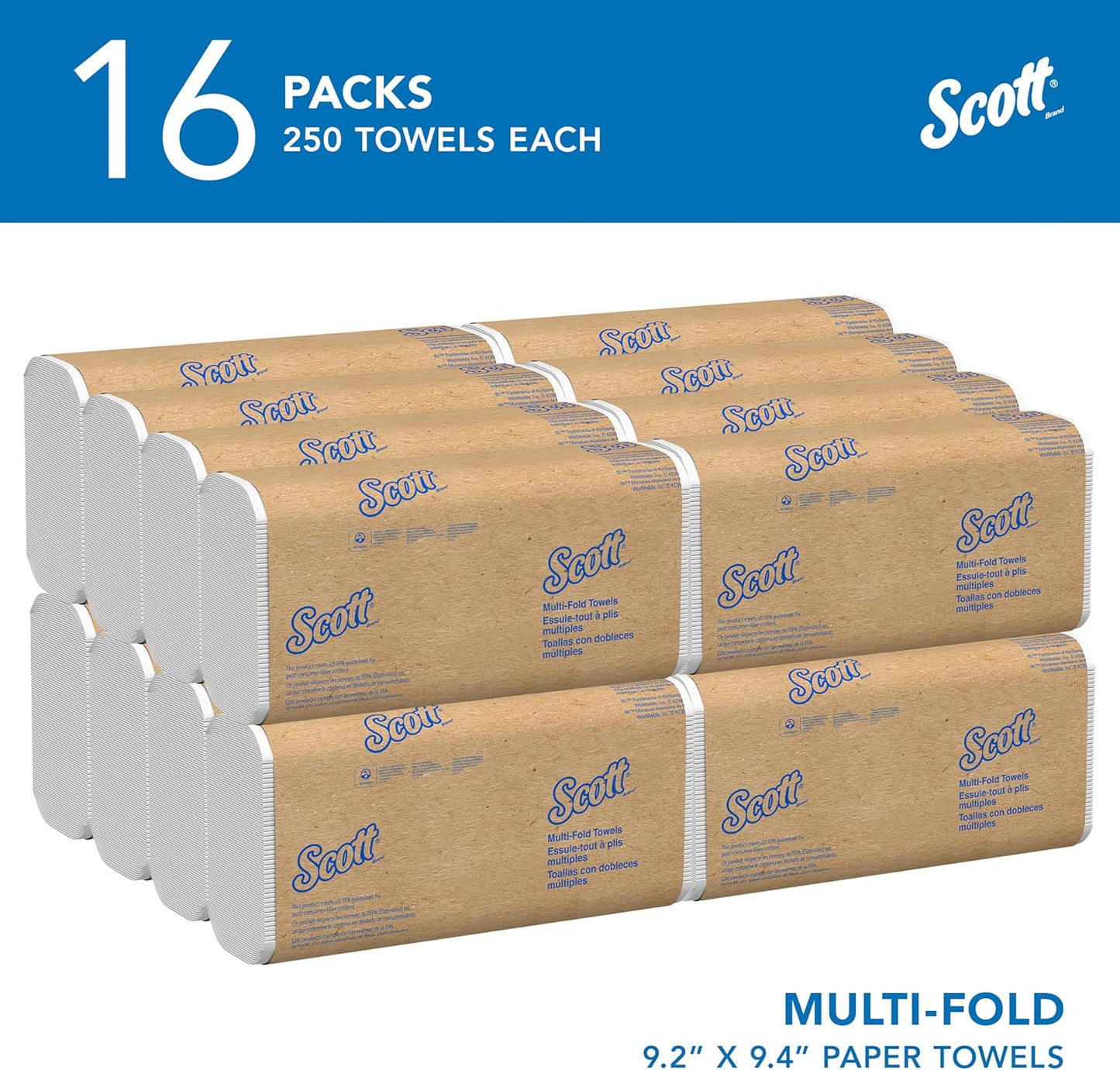 Scott?Professional Universal Multifold Paper Towels, Bulk (01840), Absorbency Pockets, 9.2" x 9.4" sheets, Standard Tier, Compressed, White (250 Sheets/Pack, 16 Packs/Case, 4,000 Sheets/Case)
