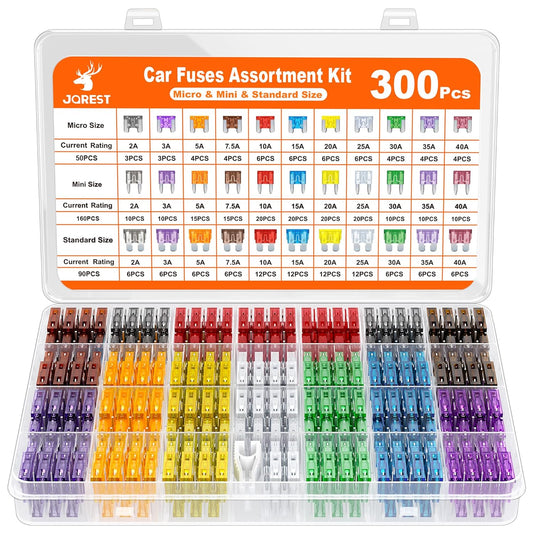 JOREST 300Pcs Car Fuse Assortment Kit, 160 Mini Blade Fuses Automotive + 90 Standard Auto Fuses + 50 Micro + Puller ?Replacement for RV Camper Boat Truck (2Amp 3A 5A 7.5A 10A 15A 20A 25A 30A 35A 40A)