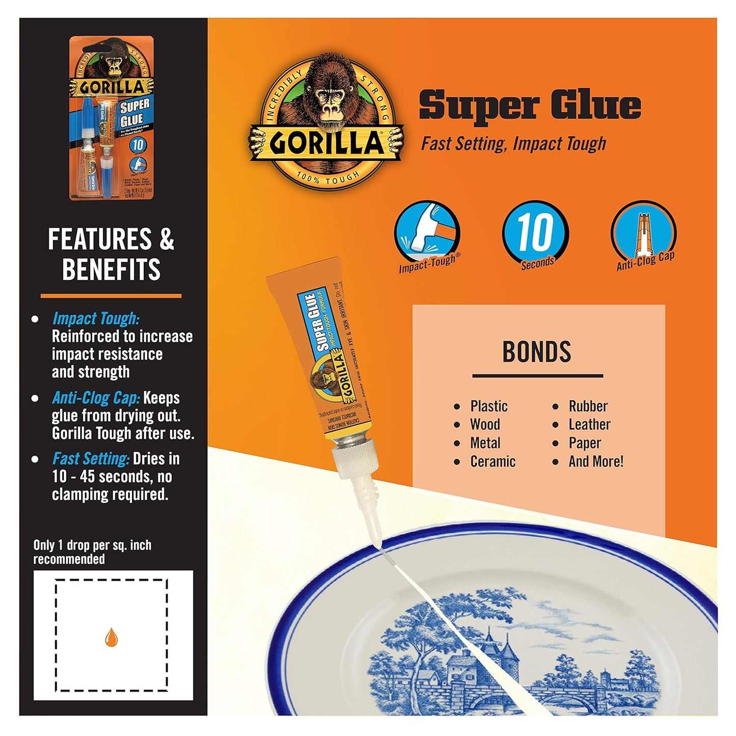 Gorilla Super Glue, Fast-Setting, Impact-Tough All-Purpose Adhesive with Anti-Clog Cap, 4 -3 g Tubes, (Pack of 1) - Clear