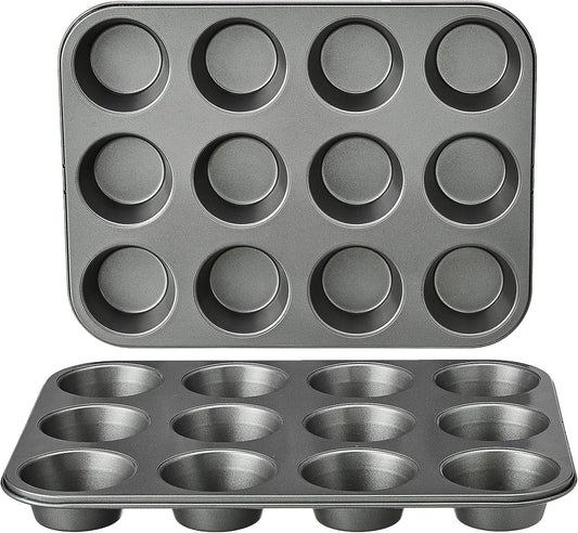 Amazon Basics Nonstick Muffin Pan, Set of 2, Sturdy, Oven Safe, Bakes Evenly, Easy to Clean, 12 Cups, Gray, 13.9x10.55x1.22"